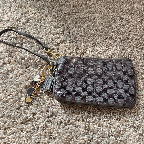 Coach Gray Sequin Wristlet with Coach Heart Keychain - Picture 1 of 1